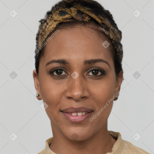 Joyful black young-adult female with short  brown hair and brown eyes