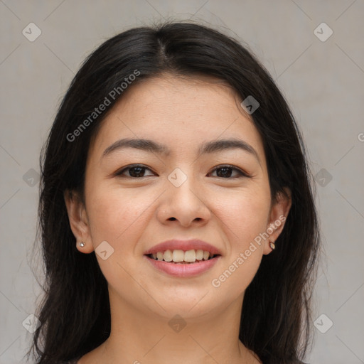 Joyful asian young-adult female with medium  brown hair and brown eyes