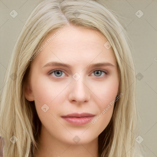 Neutral white young-adult female with long  brown hair and grey eyes