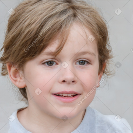 Joyful white child female with medium  brown hair and blue eyes