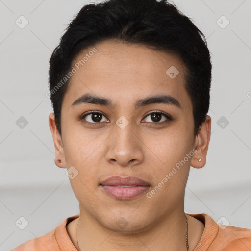 Neutral asian young-adult male with short  brown hair and brown eyes