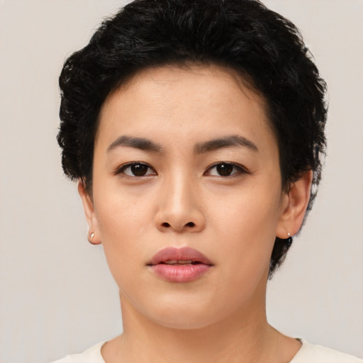 Neutral asian young-adult female with short  black hair and brown eyes