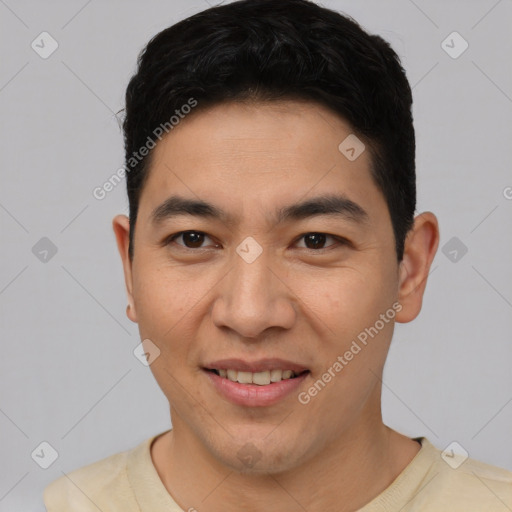 Joyful latino young-adult male with short  black hair and brown eyes