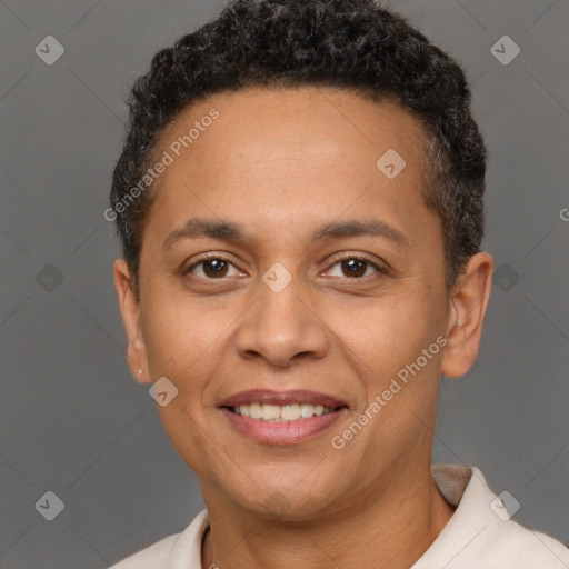 Joyful white adult female with short  brown hair and brown eyes