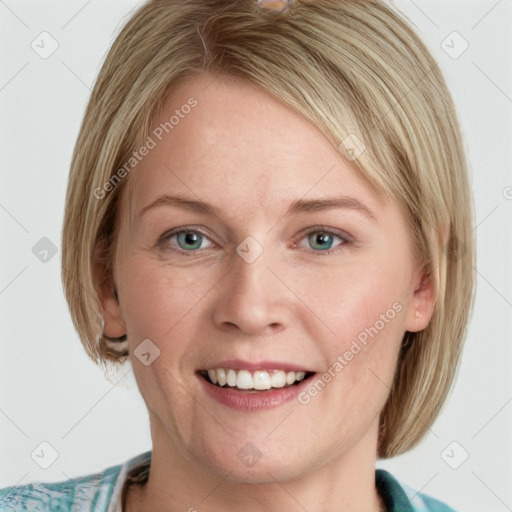 Joyful white young-adult female with medium  brown hair and blue eyes