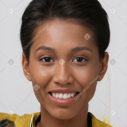 Joyful white young-adult female with short  brown hair and brown eyes