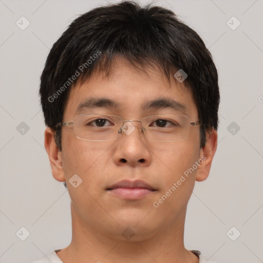 Neutral asian young-adult male with short  brown hair and brown eyes