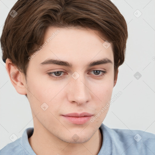 Neutral white young-adult male with short  brown hair and grey eyes