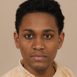 Neutral black young-adult male with short  black hair and brown eyes
