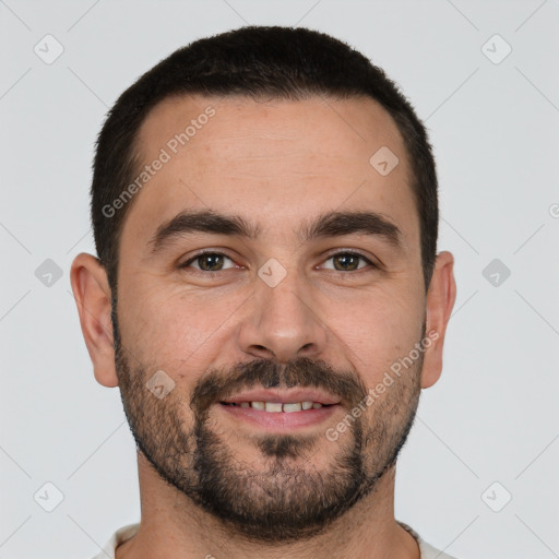 Joyful white young-adult male with short  brown hair and brown eyes