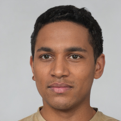 Neutral black young-adult male with short  black hair and brown eyes