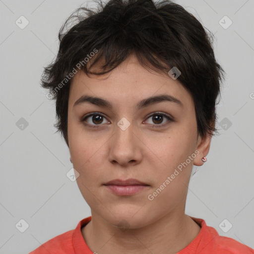 Neutral white young-adult female with short  brown hair and brown eyes