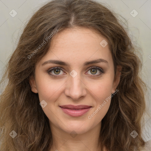 Joyful white young-adult female with long  brown hair and green eyes