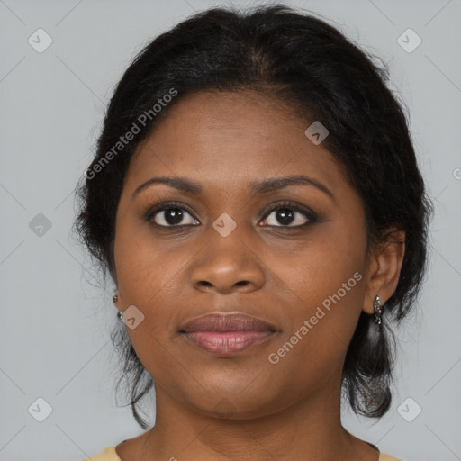 Joyful black young-adult female with medium  brown hair and brown eyes