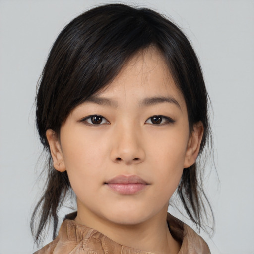 Neutral asian young-adult female with medium  black hair and brown eyes