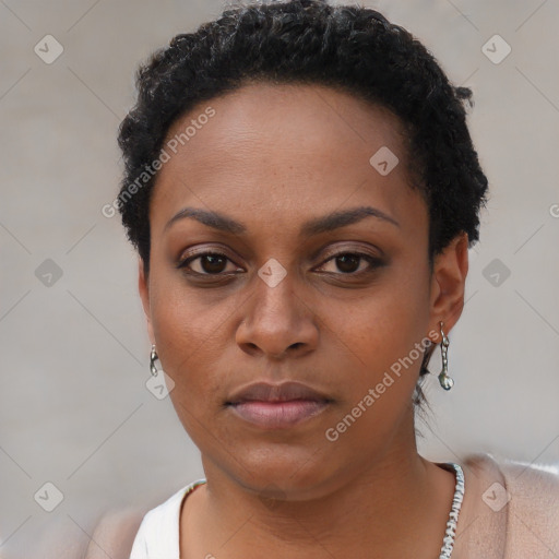 Neutral black young-adult female with short  black hair and brown eyes