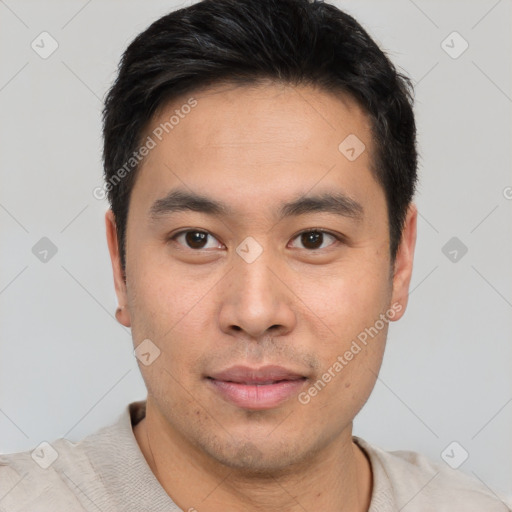 Neutral asian young-adult male with short  black hair and brown eyes