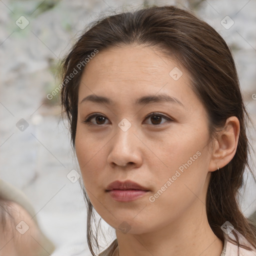 Neutral white young-adult female with medium  brown hair and brown eyes