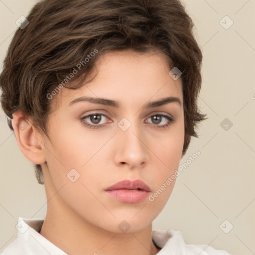 Neutral white young-adult female with short  brown hair and brown eyes