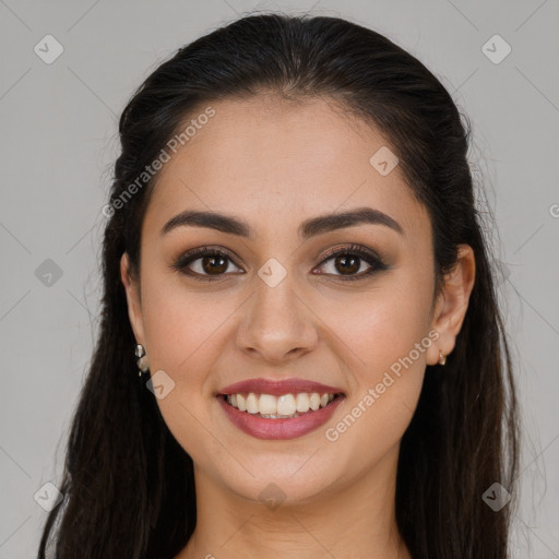 Joyful white young-adult female with long  brown hair and brown eyes