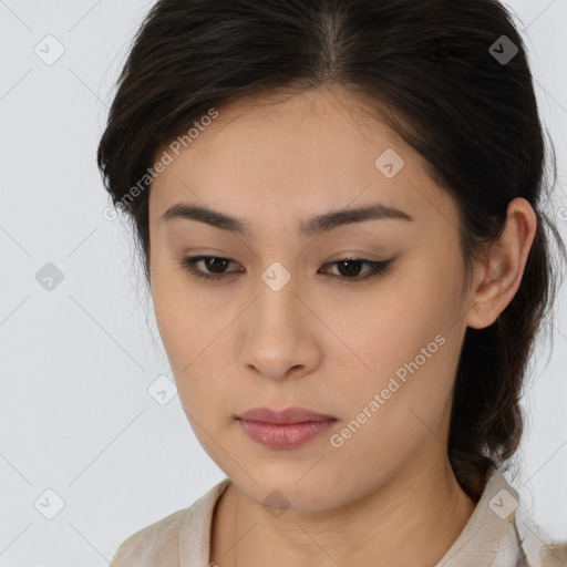 Neutral asian young-adult female with medium  brown hair and brown eyes