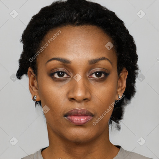 Neutral black young-adult female with short  black hair and brown eyes