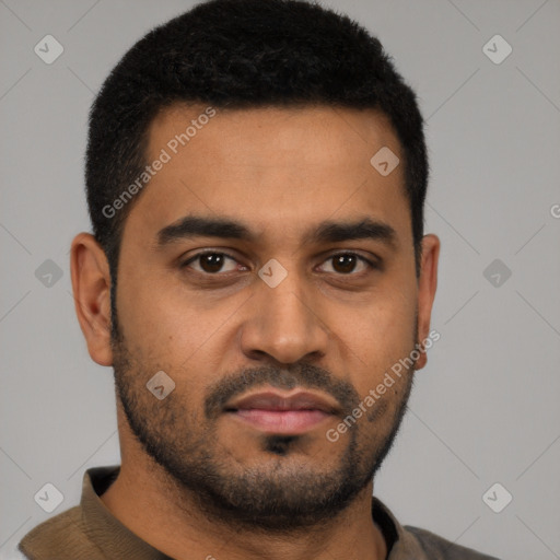 Neutral latino young-adult male with short  black hair and brown eyes