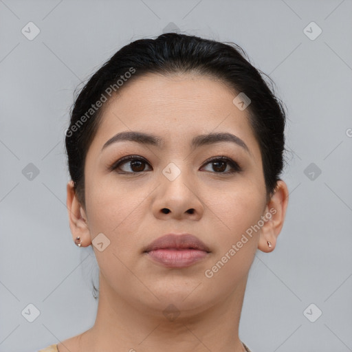 Neutral asian young-adult female with short  brown hair and brown eyes