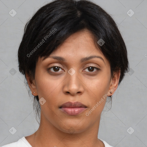 Joyful asian young-adult female with medium  black hair and brown eyes