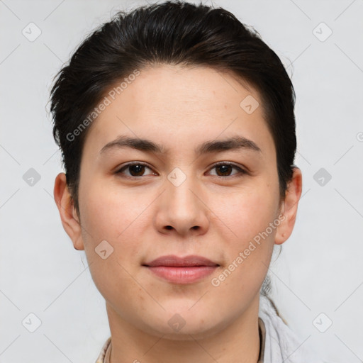 Joyful white young-adult female with short  brown hair and brown eyes