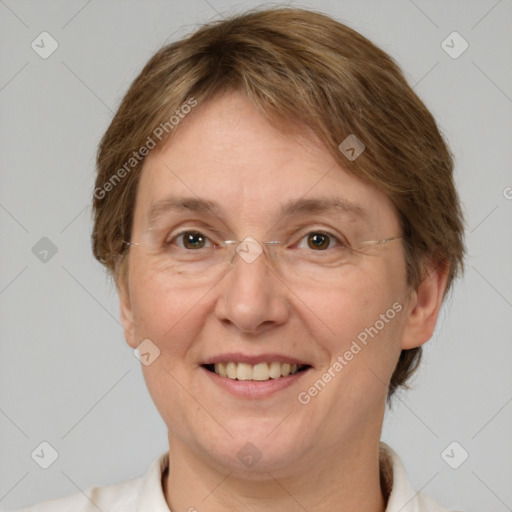 Joyful white adult female with short  brown hair and brown eyes