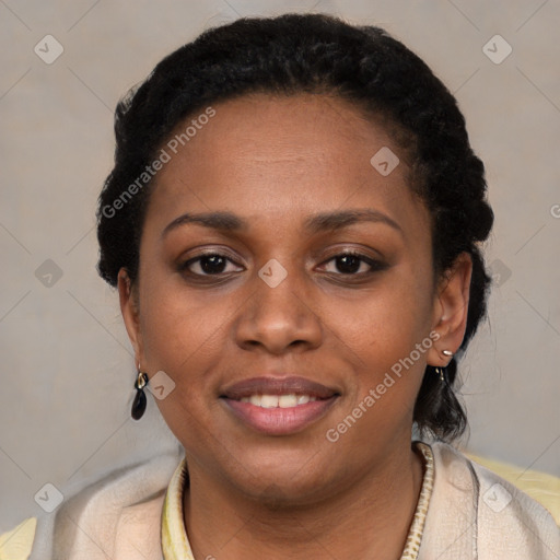 Joyful latino young-adult female with short  black hair and brown eyes