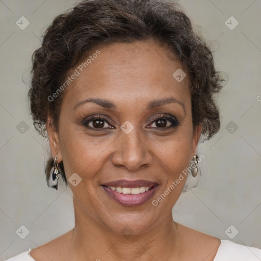 Joyful white adult female with short  brown hair and brown eyes