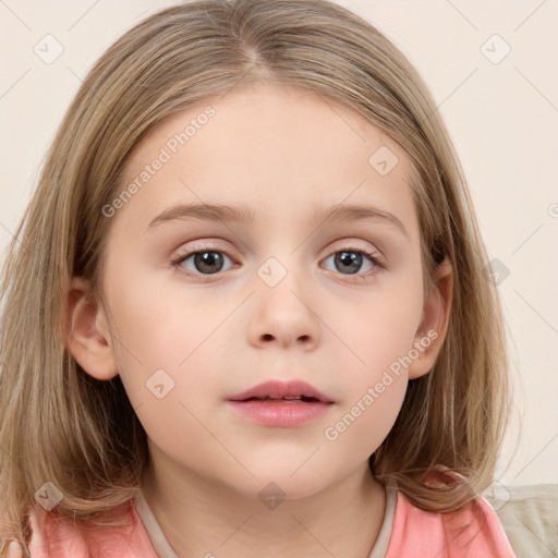 Neutral white child female with medium  brown hair and grey eyes