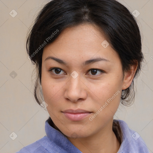 Neutral asian young-adult female with medium  brown hair and brown eyes