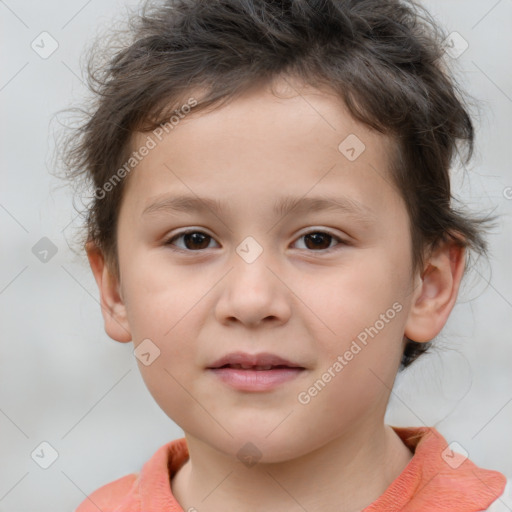 Joyful white child female with short  brown hair and brown eyes