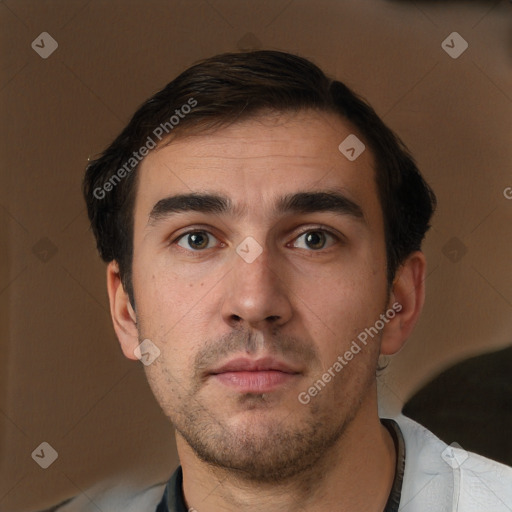 Neutral white young-adult male with short  brown hair and brown eyes