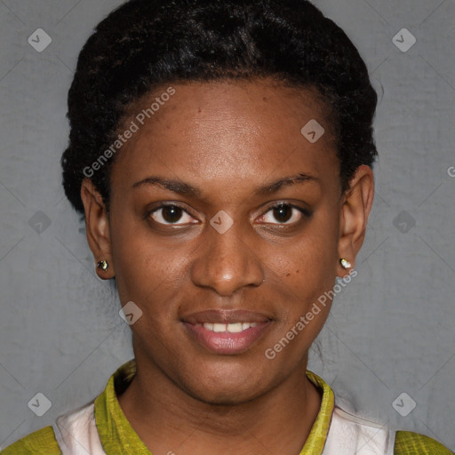 Joyful latino young-adult female with short  brown hair and brown eyes