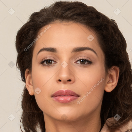 Neutral white young-adult female with long  brown hair and brown eyes