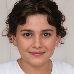 Joyful white child female with medium  brown hair and brown eyes