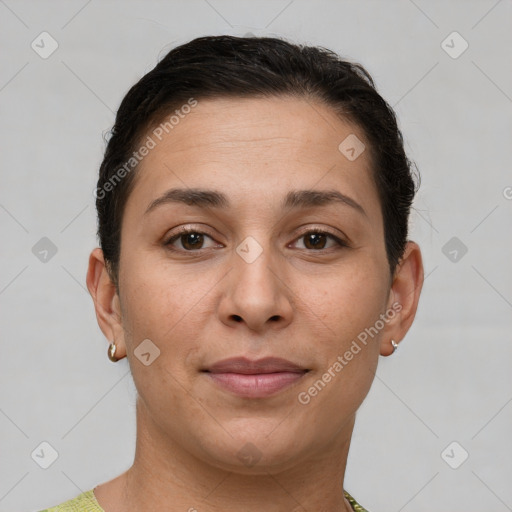 Joyful white young-adult female with short  brown hair and brown eyes