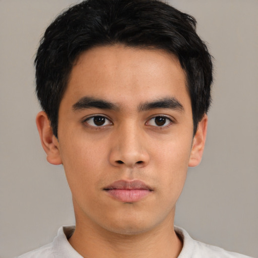 Neutral asian young-adult male with short  black hair and brown eyes