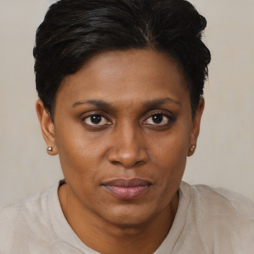 Joyful black young-adult female with short  brown hair and brown eyes