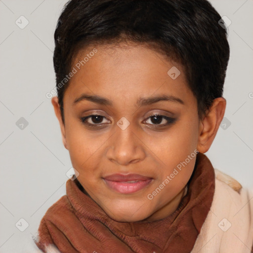 Joyful latino young-adult female with short  brown hair and brown eyes