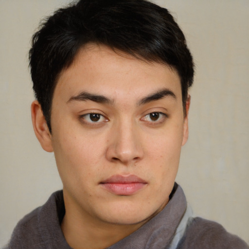 Neutral asian young-adult male with short  brown hair and brown eyes