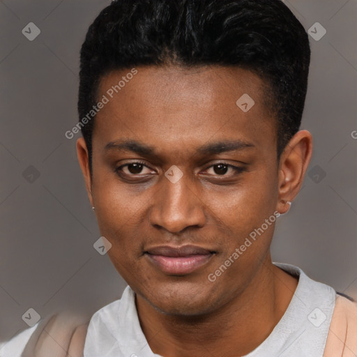 Joyful black young-adult male with short  black hair and brown eyes