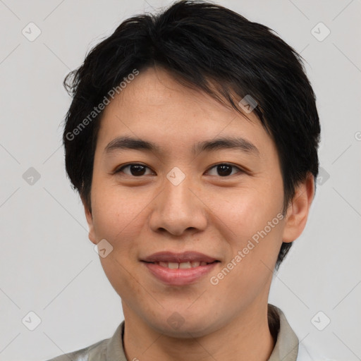 Joyful asian young-adult male with short  brown hair and brown eyes