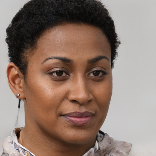 Joyful black young-adult female with short  brown hair and brown eyes
