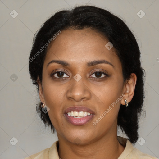 Joyful black young-adult female with medium  black hair and brown eyes