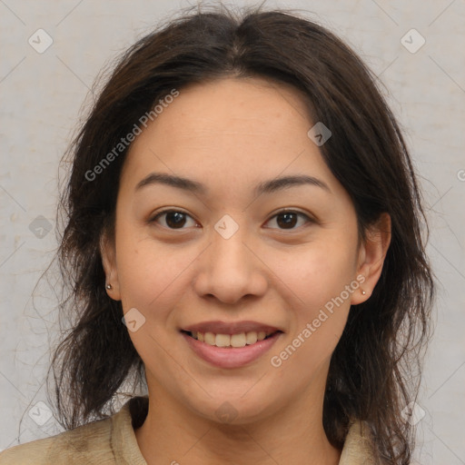 Joyful latino young-adult female with medium  brown hair and brown eyes